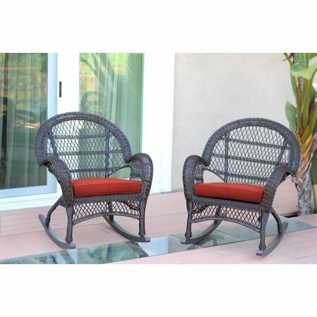 JECO W00208-R-2-FS018-CS Espresso Wicker Rocker Chair with Red Cushion, 2PK W00208-R_2-FS018-CS